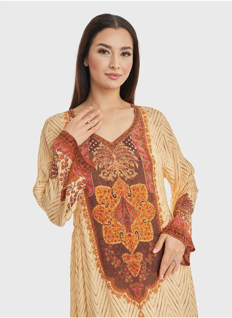 كشخة Kuwaiti Cut Jalabiya with Zigzag Print and Stone Work
