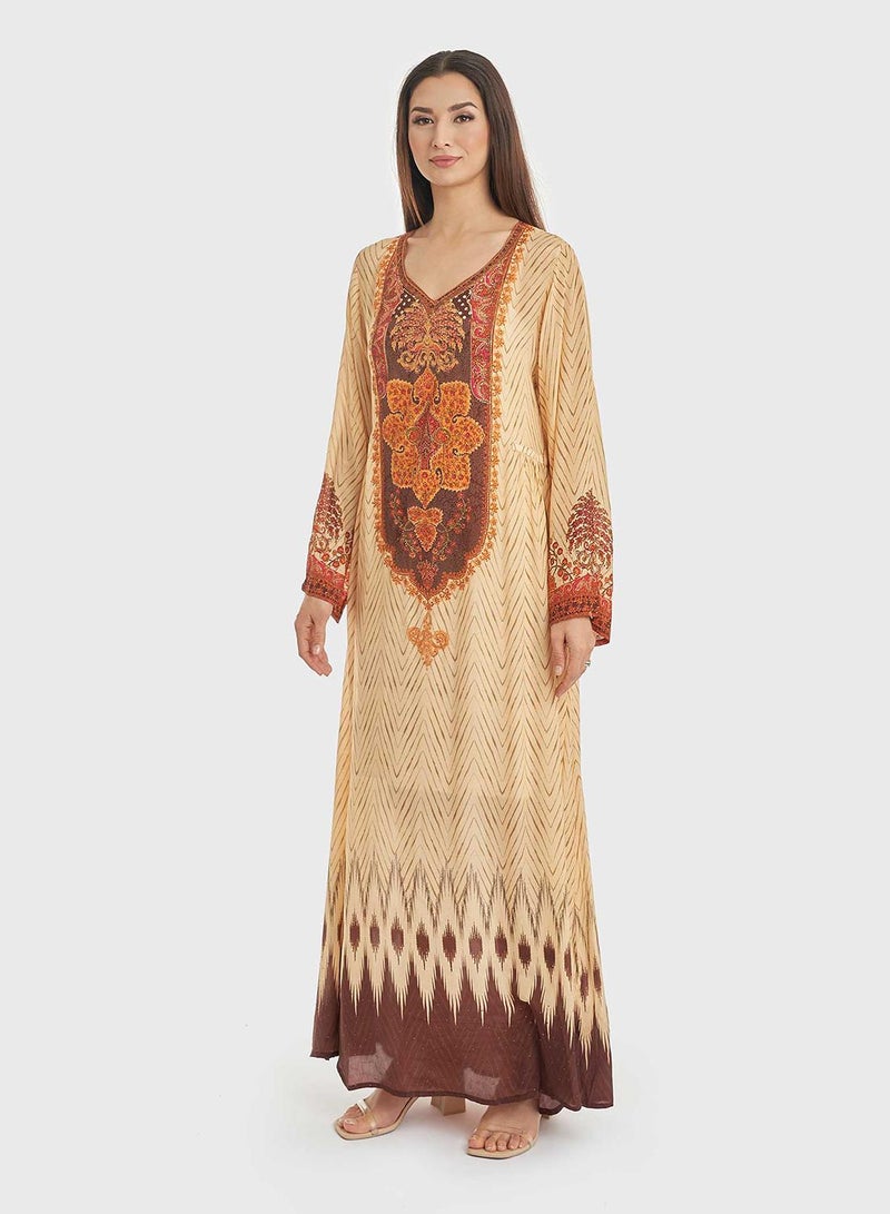 KASHKHA Kuwaiti Cut Jalabiya with Zigzag Print and Stone Work - Image 3