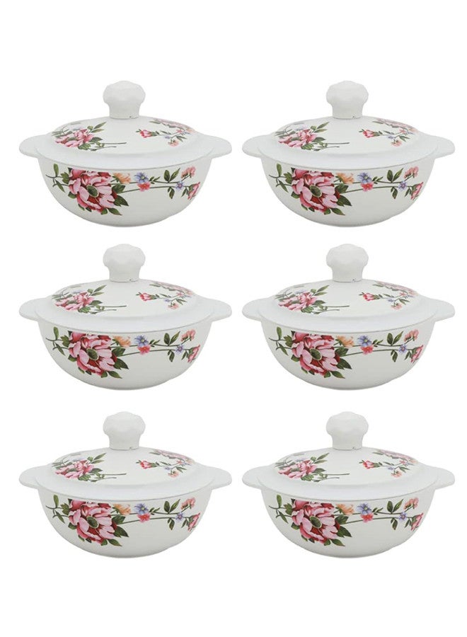 Abir 6-Piece Melamine Deep Round Bowl With Handles & Lid Set 17 CM /6.69 INCH White/Floral - Image 1