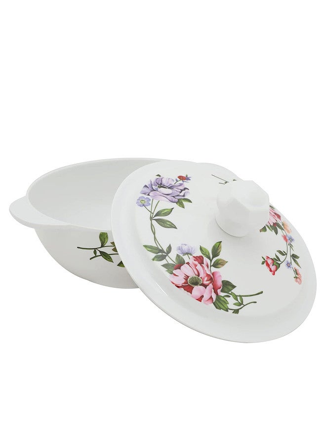 Abir 6-Piece Melamine Deep Round Bowl With Handles & Lid Set 17 CM /6.69 INCH White/Floral - Image 4