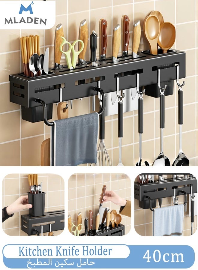 Kitchen Knife Holder Utensil Rack for Kitchen Stainless Steel Wall Mounted Knife Block Spice Rack,No Punching Required Kitchen Storage Rack with 6 Hooks, 2 Spoon Fork and Chopstick Holders, 1 Towel Rod,Cutlery Storage Rack,40cm