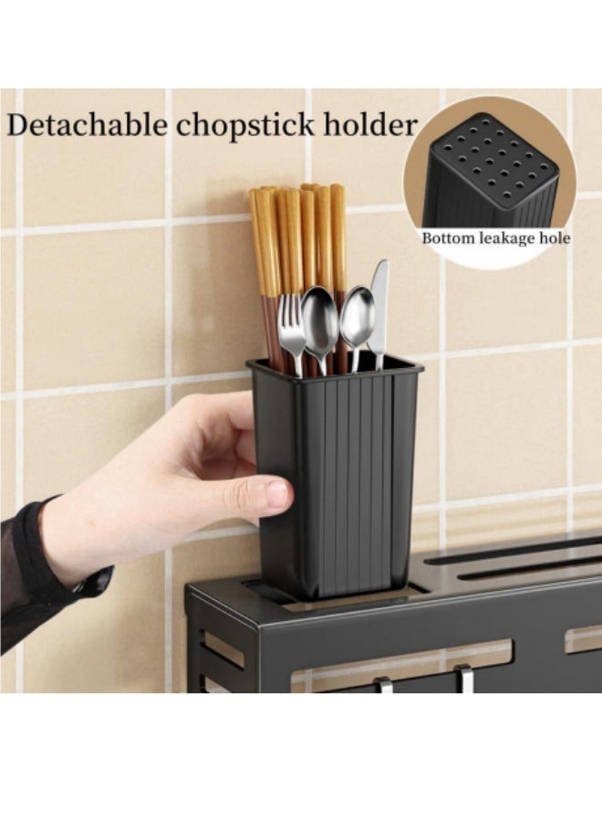 Kitchen Knife Holder Utensil Rack for Kitchen Stainless Steel Wall Mounted Knife Block Spice Rack,No Punching Required Kitchen Storage Rack with 6 Hooks, 2 Spoon Fork and Chopstick Holders, 1 Towel Rod,Cutlery Storage Rack,40cm