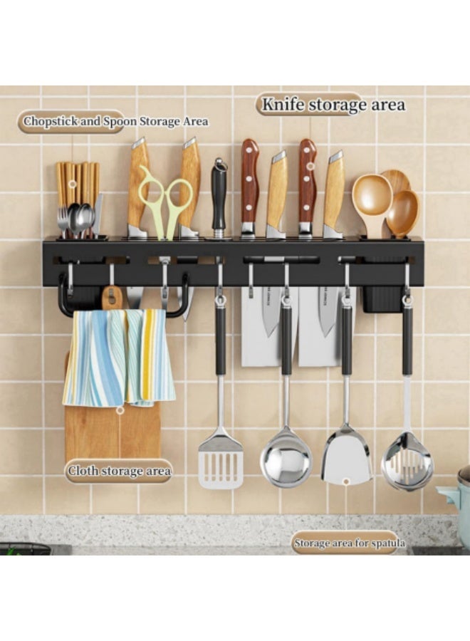Kitchen Knife Holder Utensil Rack for Kitchen Stainless Steel Wall Mounted Knife Block Spice Rack,No Punching Required Kitchen Storage Rack with 6 Hooks, 2 Spoon Fork and Chopstick Holders, 1 Towel Rod,Cutlery Storage Rack,40cm