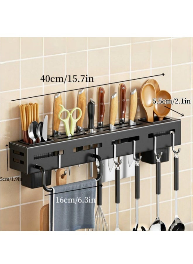 Kitchen Knife Holder Utensil Rack for Kitchen Stainless Steel Wall Mounted Knife Block Spice Rack,No Punching Required Kitchen Storage Rack with 6 Hooks, 2 Spoon Fork and Chopstick Holders, 1 Towel Rod,Cutlery Storage Rack,40cm
