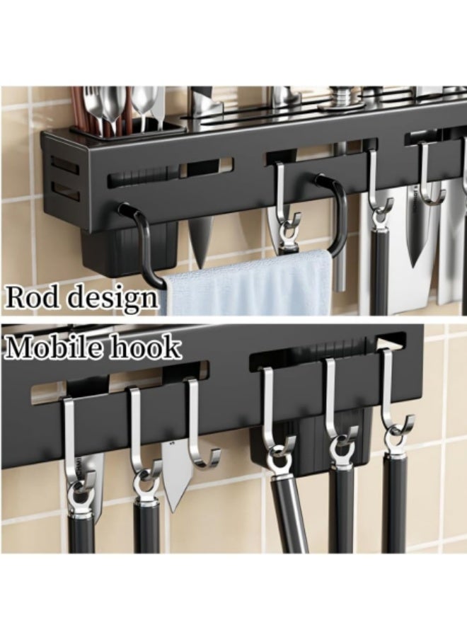 Kitchen Knife Holder Utensil Rack for Kitchen Stainless Steel Wall Mounted Knife Block Spice Rack,No Punching Required Kitchen Storage Rack with 6 Hooks, 2 Spoon Fork and Chopstick Holders, 1 Towel Rod,Cutlery Storage Rack,40cm