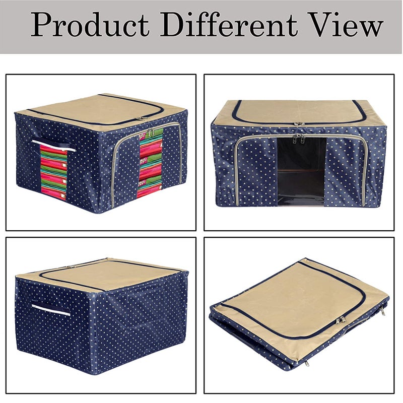 Kuber Industries Dot Printed Steel Frame Living Box Closet Organizer Cloth Storage Boxes for Wardrobe With Clear Window 24Ltr Navy Blue Brown50KM01210 - Image 4