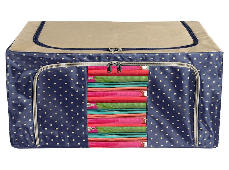 Kuber Industries Dot Printed Steel Frame Living Box Closet Organizer Cloth Storage Boxes for Wardrobe With Clear Window 24Ltr Navy Blue Brown50KM01210 - Image 1