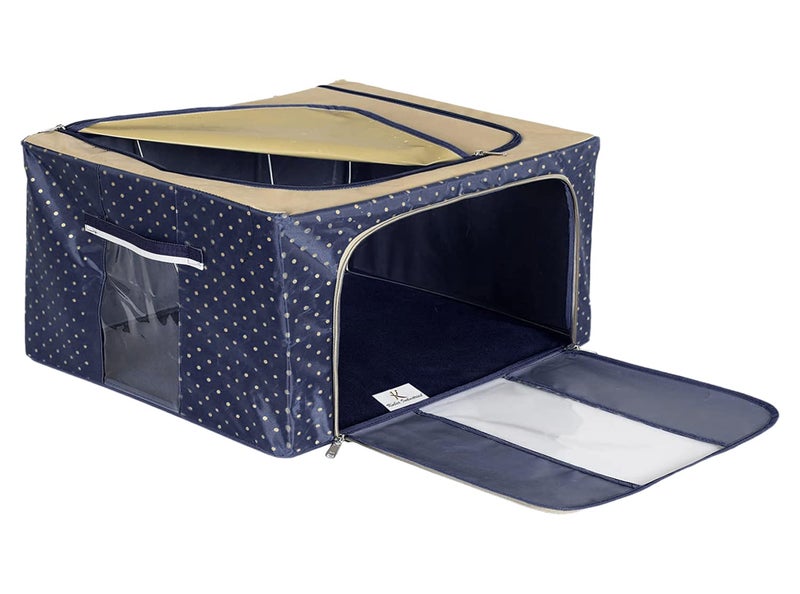 Kuber Industries Dot Printed Steel Frame Living Box Closet Organizer Cloth Storage Boxes for Wardrobe With Clear Window 24Ltr Navy Blue Brown50KM01210 - Image 3