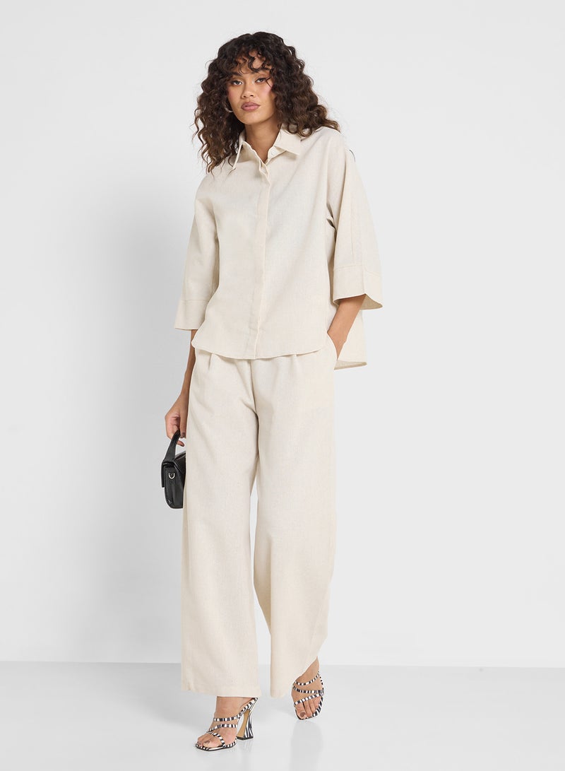 Ginger Linen Blend Relaxed Fit Shirt & Pant Coord Set - Image 1