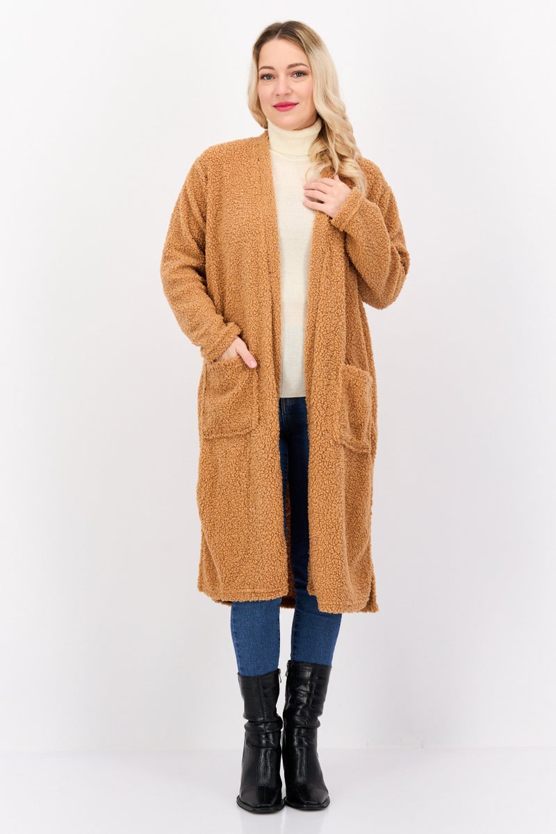BRAVE SOUL Women Open Front Long Sleeve Textured Cardigan, Light Rust  - Image 1