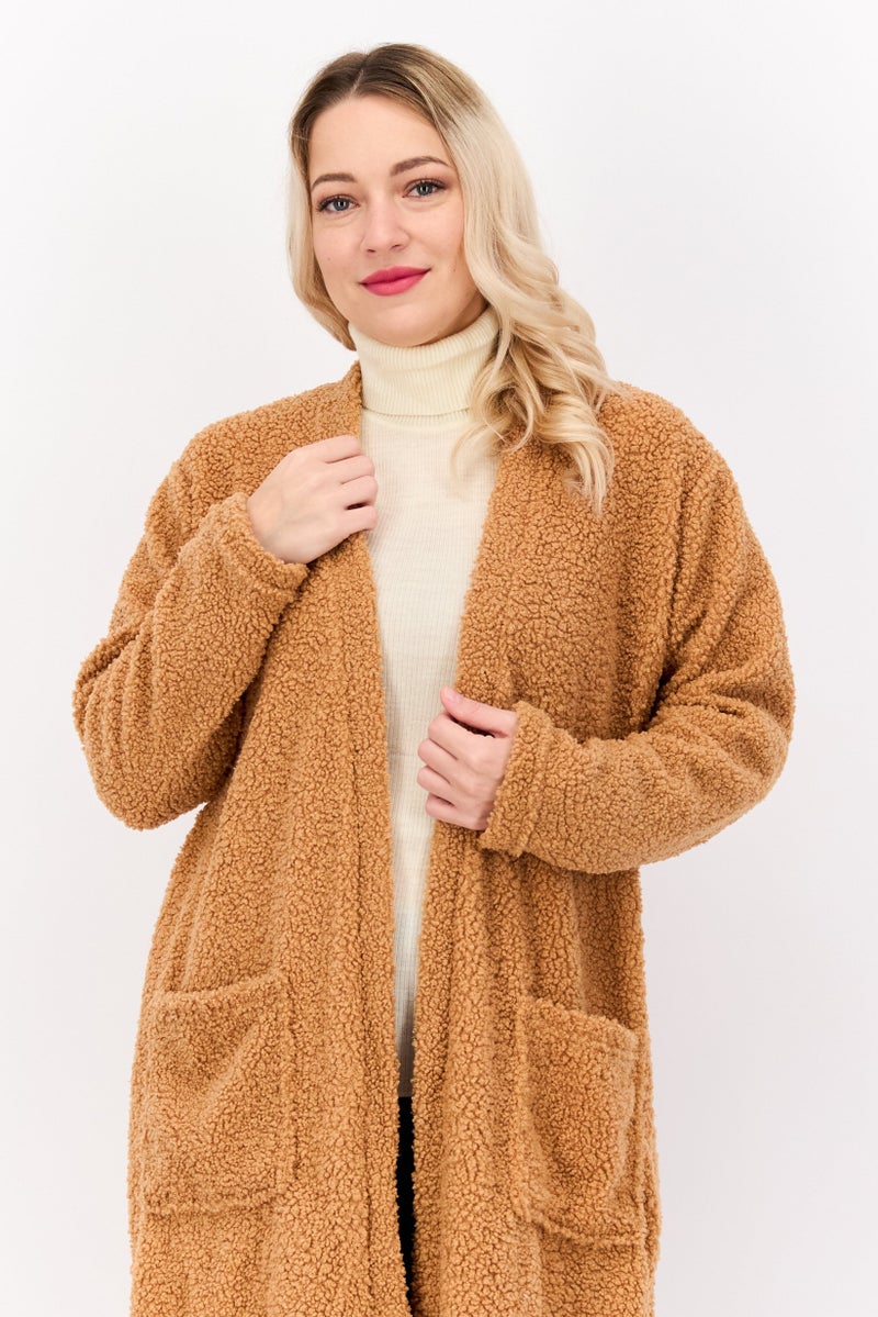 BRAVE SOUL Women Open Front Long Sleeve Textured Cardigan, Light Rust  - Image 2