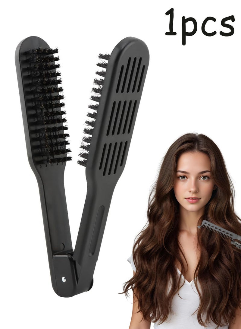 Black Double Sided Bristle Hair Brush Clamp Straightening Comb Professional Salon Hair Styling Tool For Men And Women Hair Smoothing - Image 1