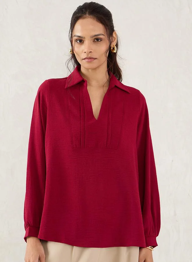Femmella Maroon Collared Top with 3/4 Sleeves