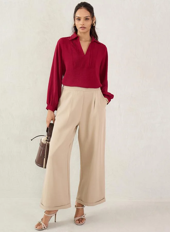 Femmella Maroon Collared Top with 3/4 Sleeves