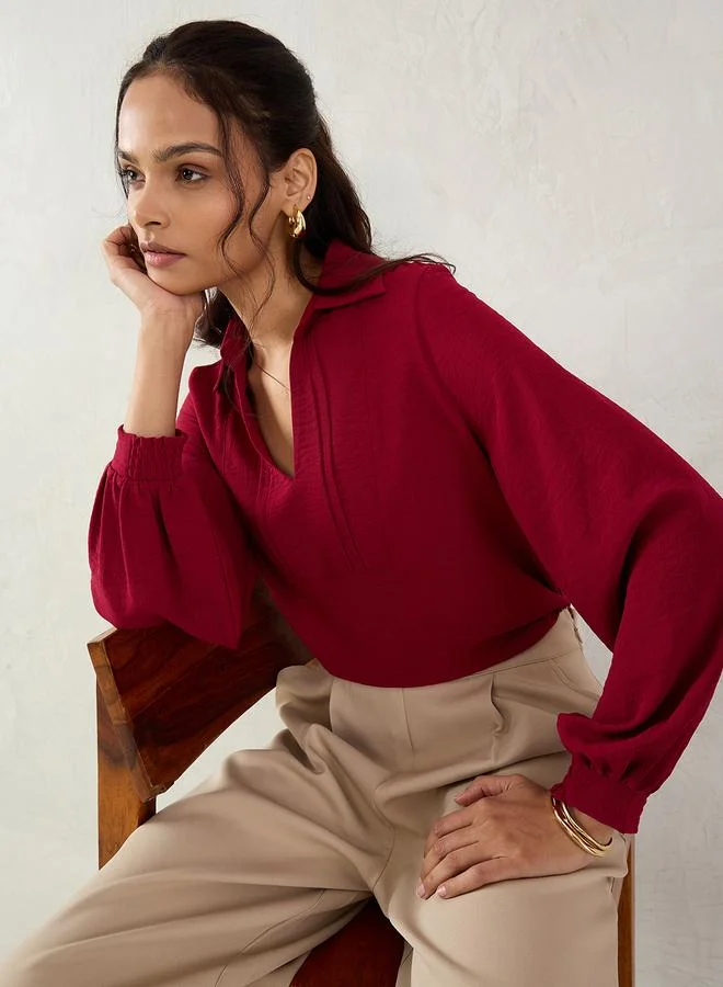 Femmella Maroon Collared Top with 3/4 Sleeves