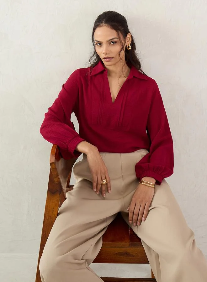 Femmella Maroon Collared Top with 3/4 Sleeves