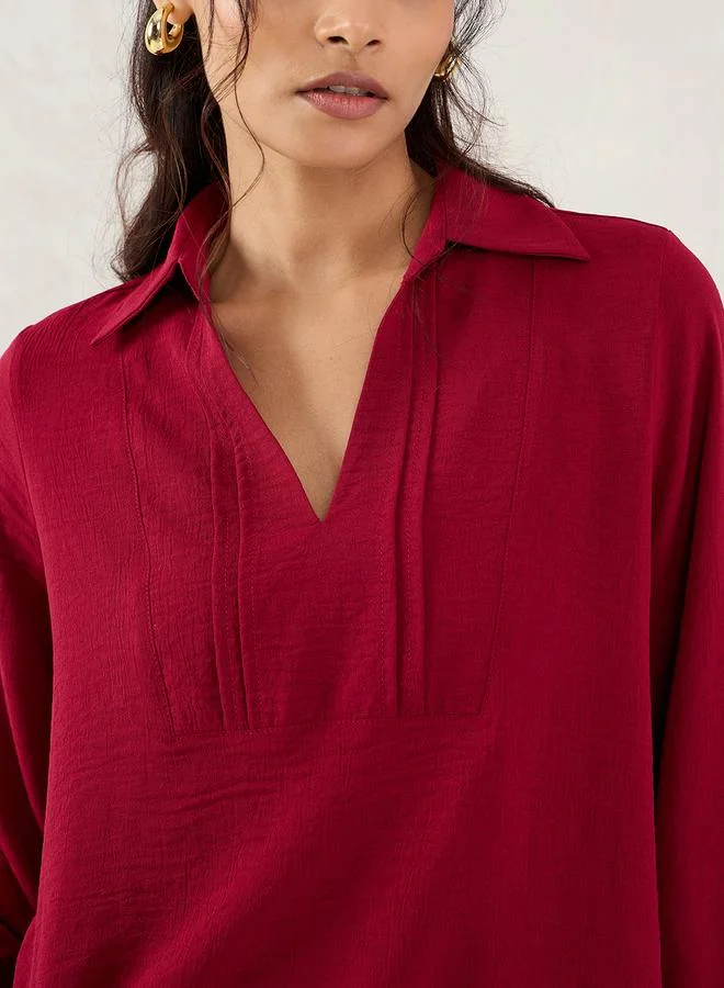 Femmella Maroon Collared Top with 3/4 Sleeves