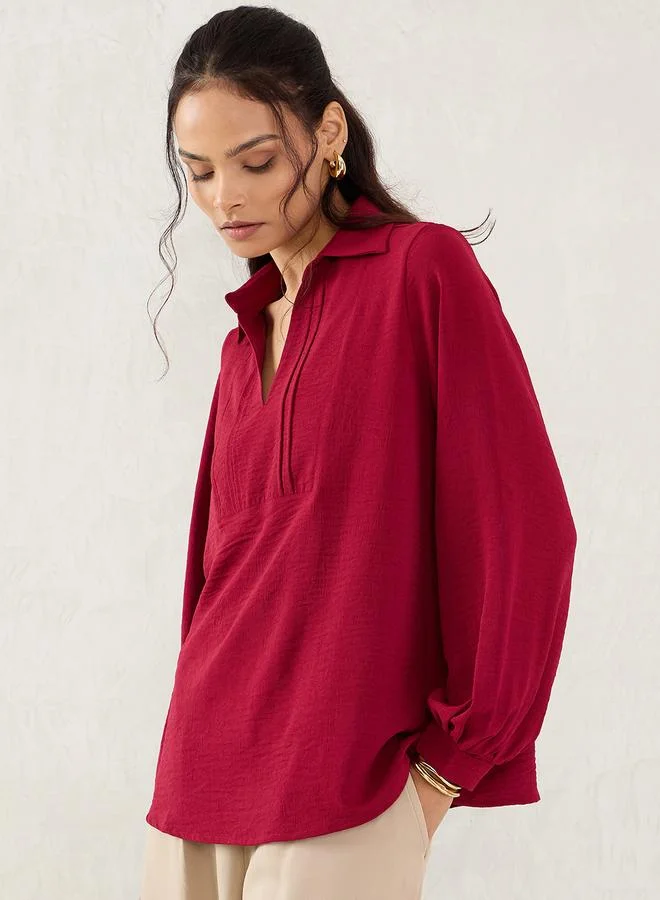 Femmella Maroon Collared Top with 3/4 Sleeves