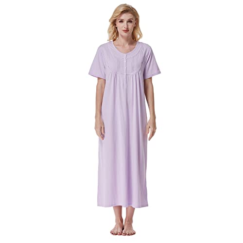 Keyocean Women Nightgowns, Soft Cotton Comfortable Lightweight Short Sleeve Ladies Night-dresses, Light Purple, Small - Image 1