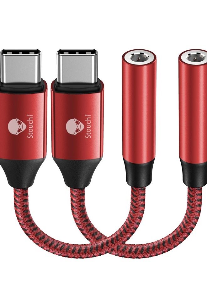 Stouchi محول USB C إلى 3.5 مم أنثوي 2 عبوات، كابل صوت سماعة رأس نوع C، دنجلي Hi-Fi لجهاز Samsung Galaxy S22 S21 Ultra Z Flip Note 20، iPad Mini 6، Pixel 7/6a/6 - أحمر - Image 1
