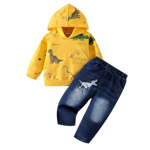 FOCICI 12-18 Month Boy Clothes Toddler Dinosaur Pullover Sweatshirt Baby Hoddie Long Sleeve Infant Casual Pocket Jeans Pants Fall Winter Outfits Set Yellow 12-18 Months - Image 1
