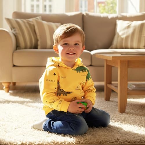 FOCICI 12-18 Month Boy Clothes Toddler Dinosaur Pullover Sweatshirt Baby Hoddie Long Sleeve Infant Casual Pocket Jeans Pants Fall Winter Outfits Set Yellow 12-18 Months - Image 2