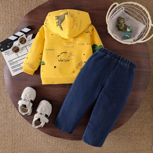 FOCICI 12-18 Month Boy Clothes Toddler Dinosaur Pullover Sweatshirt Baby Hoddie Long Sleeve Infant Casual Pocket Jeans Pants Fall Winter Outfits Set Yellow 12-18 Months - Image 4
