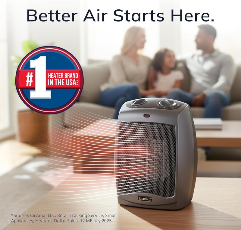 Lasko Portable Indoor Electric Ceramic Space Heater with Tip-Over Safety Switch, Overheat Protection and Thermostat, 2 Speeds, Safe for Home, 9.2 Inches, Dark Gray, 1500W, 754201 - Image 2