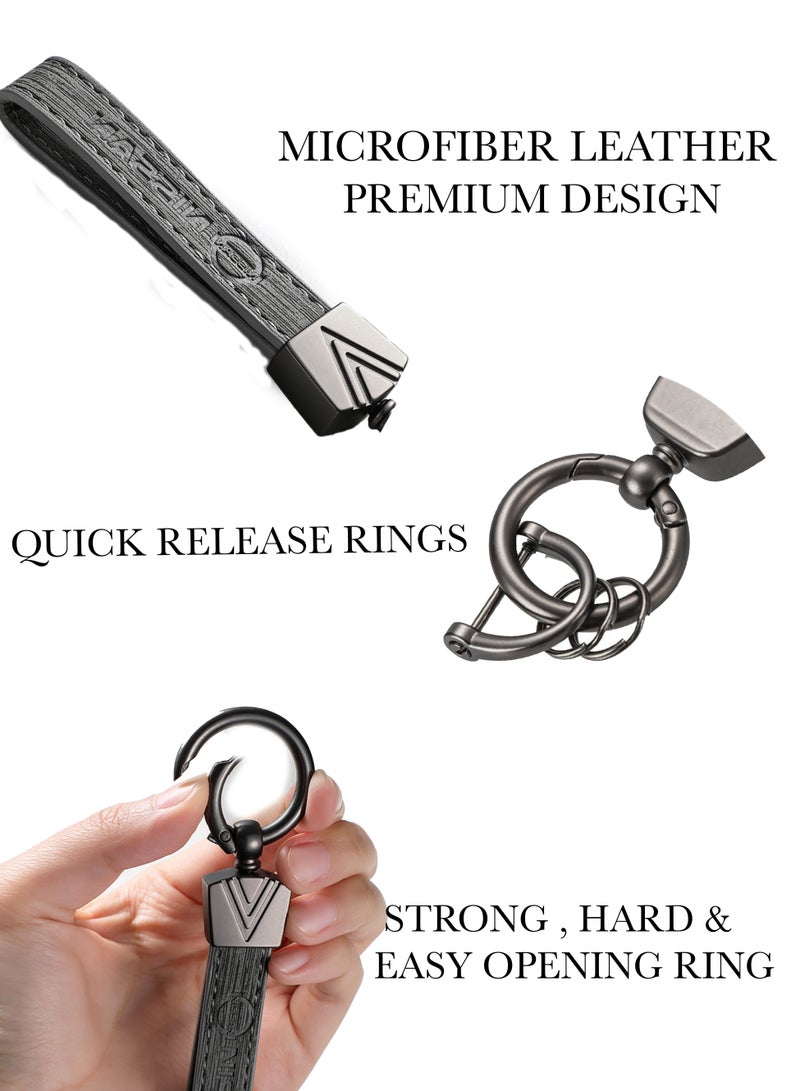 KeyAmor Elegant grey metal and leather keychain with NISSAN logo  featuring 3 key rings perfect as a fancy gift or car accessory designed in sleek grey for a modern look offers 360 degree rotation for convenience suitable for both men and women and comes in a fancy gift box - Image 3
