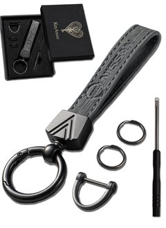 KeyAmor Elegant grey metal and leather keychain with NISSAN logo  featuring 3 key rings perfect as a fancy gift or car accessory designed in sleek grey for a modern look offers 360 degree rotation for convenience suitable for both men and women and comes in a fancy gift box  - Image 1