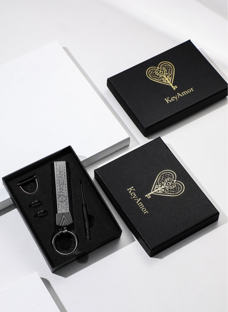 KeyAmor Elegant grey metal and leather keychain with NISSAN logo  featuring 3 key rings perfect as a fancy gift or car accessory designed in sleek grey for a modern look offers 360 degree rotation for convenience suitable for both men and women and comes in a fancy gift box - Image 4