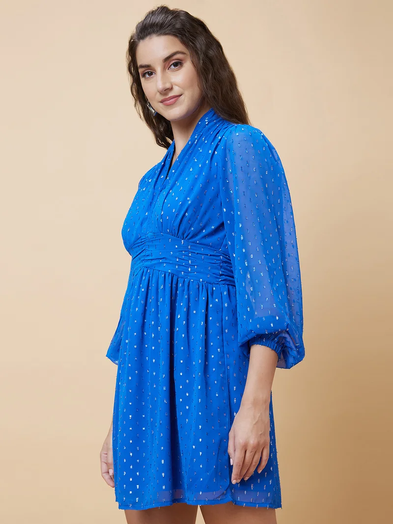globus Women Embellished V-Neck Puff Sleeve Fit & Flare Dress