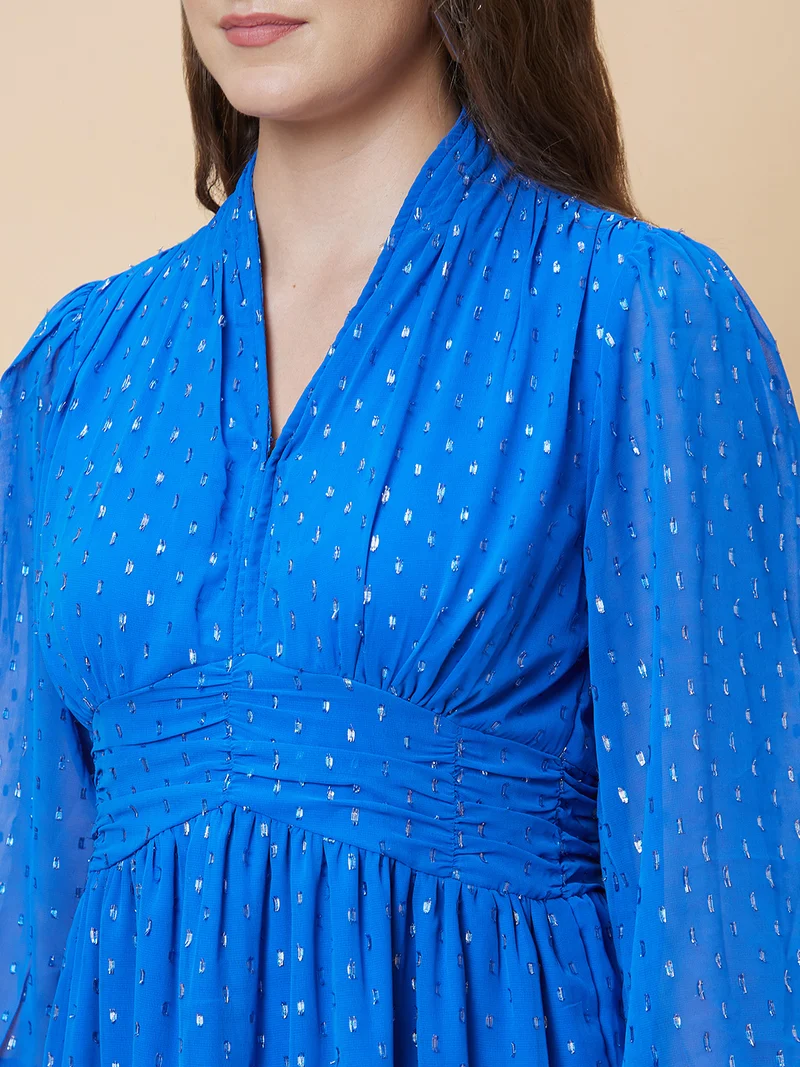 globus Women Embellished V-Neck Puff Sleeve Fit & Flare Dress