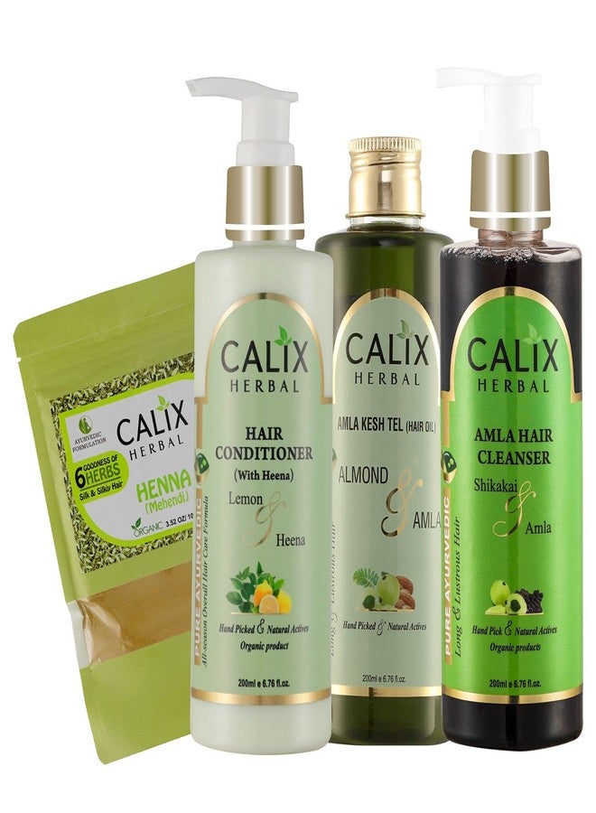 كلاليكس هيربال زيت كاليكس هيربال أملا كيش للشعر 200 مل + حناء مهندي 100 جم + بلسم للشعر (مع الحناء) 200 مل + شامبو منظف للشعر بالأملا 200 مل - مجموعة متكاملة للعناية بالشعر للرجال والنساء وجميع أنواع الشعر - Image 1
