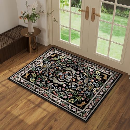 Rugcomf 8x10 Area Rugs for Living Room Washable Rug Floral Non-Slip Large Rug for Living Room, Bedroom, Farmhouse, Dining Room, Kids Playroom (Vibrant Black) - Image 1