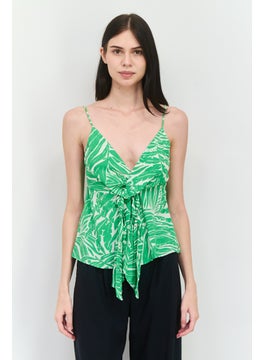 MANGO Women V Neck Sleeveless Allover Print Top, Green Combo  - Image 1