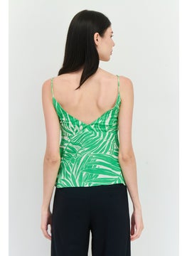 MANGO Women V Neck Sleeveless Allover Print Top, Green Combo  - Image 3