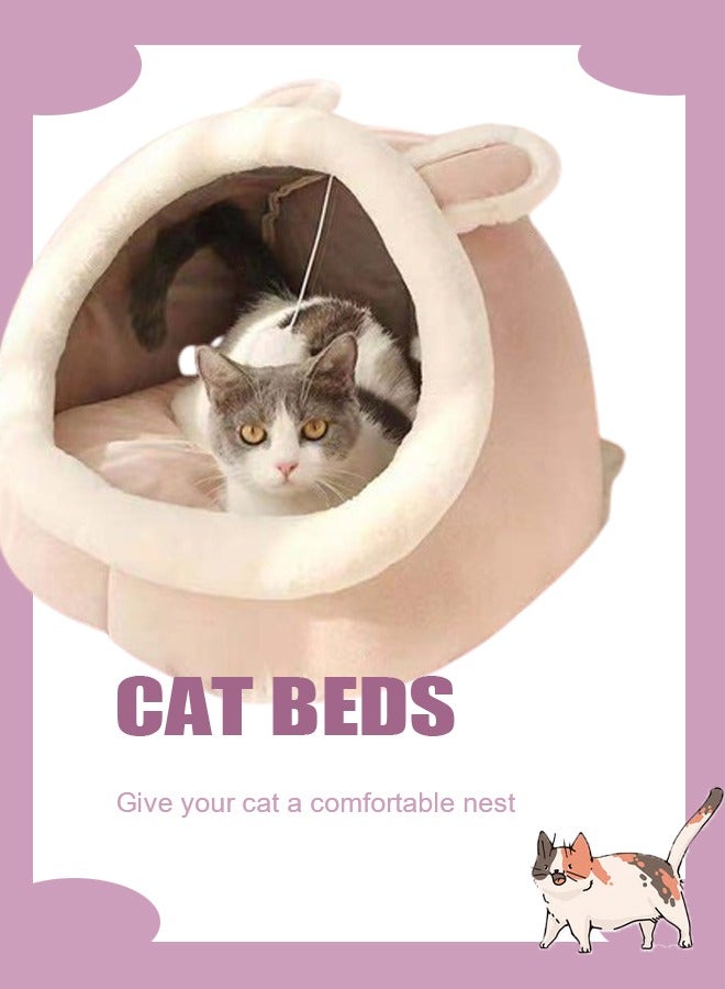 Generic Cartoon Pet Bed Cute Indoor Washable Cave Kitten House With Toy Ball Semi-Enclosed Cat Bed Sofa Bed With Cushion Warm Soft Detachable Cat House Pet House  - Image 1