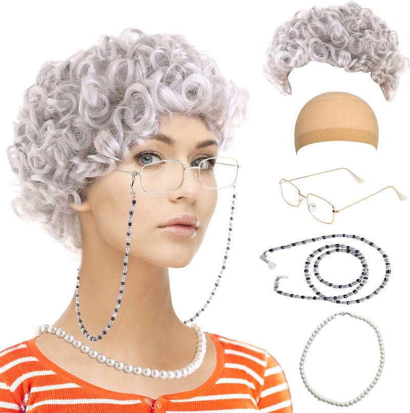 Feacole Old Lady Costume Set-Grandmother Wig,Wig Caps, Madea Granny Glasses, Eyeglass Retainer Chain,Pearl Necklace(5 Pieces) - Image 2
