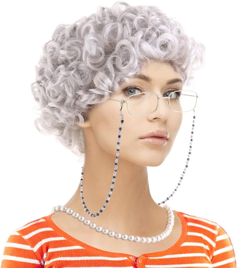 Feacole Old Lady Costume Set-Grandmother Wig,Wig Caps, Madea Granny Glasses, Eyeglass Retainer Chain,Pearl Necklace(5 Pieces) - Image 1