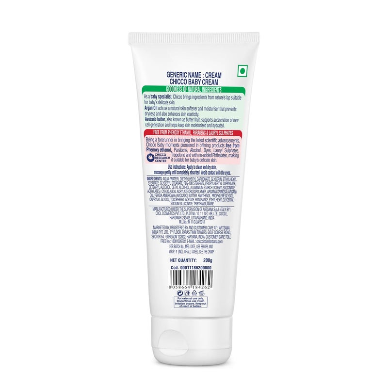 Chicco Baby Moments Baby Cream for Babies with Argan Oil Avocado Butter 200g Natural Ingredients for Hydrated Skin Dermatologically Tested Phenoxyethanol Parabens Lauryl sulphates free - Image 2