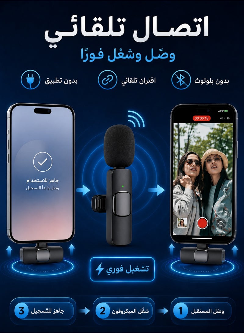 تونكي ميكروفون لاسلكي احترافي بتصميم مشبك لأجهزة iPhone و iPad بمنفذ Lightning فقط، تشغيل مباشر، لا يحتاج إلى بلوتوث أو تطبيق، غير متوافق مع USB-C، غير مناسب لـ iPhone 15 / 16 - Image 3
