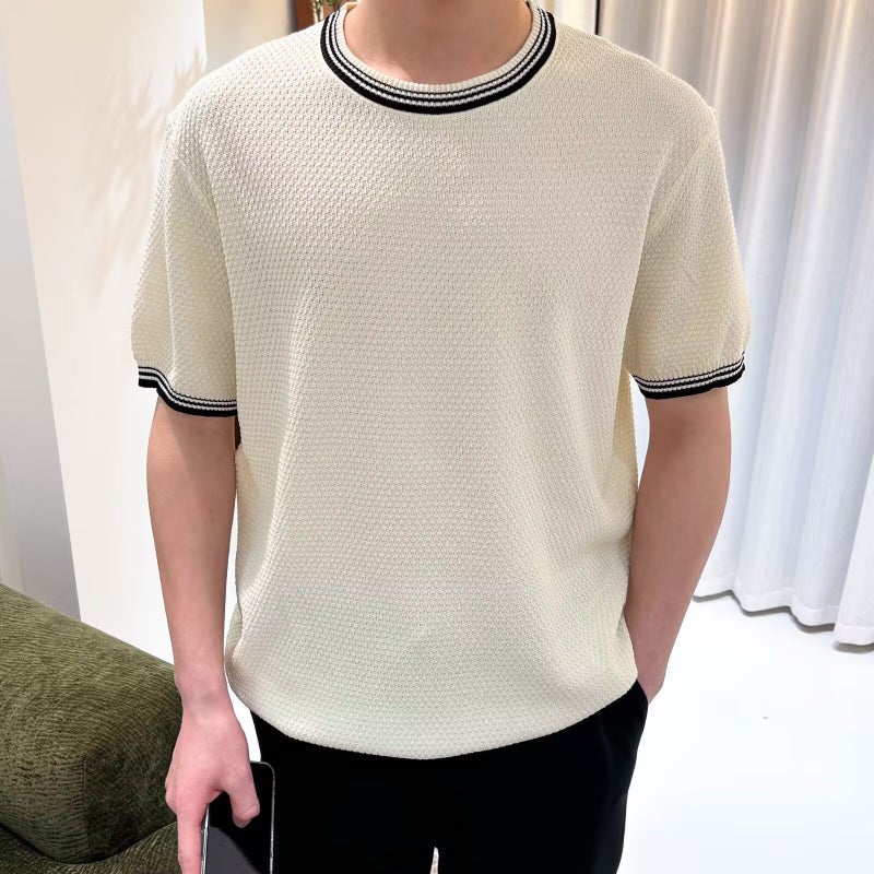 Korean Style Light Luxury Color-Blocking Round Neck Breathable Knit T-Shirt Summer Chanel Style Slim Fit Stretch Short Sleeve Trendy Men'S T-Shirt - Image 4