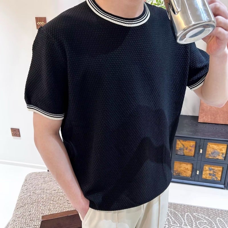 Korean Style Light Luxury Color-Blocking Round Neck Breathable Knit T-Shirt Summer Chanel Style Slim Fit Stretch Short Sleeve Trendy Men'S T-Shirt - Image 1