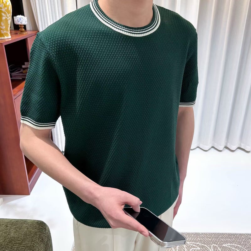 Korean Style Light Luxury Color-Blocking Round Neck Breathable Knit T-Shirt Summer Chanel Style Slim Fit Stretch Short Sleeve Trendy Men'S T-Shirt - Image 3