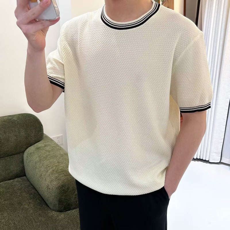 Korean Style Light Luxury Color-Blocking Round Neck Breathable Knit T-Shirt Summer Chanel Style Slim Fit Stretch Short Sleeve Trendy Men'S T-Shirt - Image 2