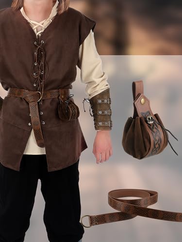 Suhine 6 Pcs Men's Halloween Renaissance Costume Set Medieval Vest Shirt Ankle Banded Pants Viking Belt Armband Pouch(Classic Color,Large) - Image 5