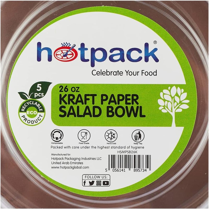 Hotpack Kraft Paper Salad Bowls with Lids 5-Pieces, 26 oz Capacity, Brown - Image 1