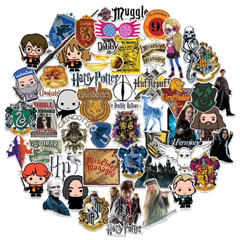 GRAPHICS & MORE Harry Potter 50ct Vinyl Sticker Pack â€“ Hogwarts Houses, Harry, Hermione, Ron, Dumbledore, Deathly Hallows Die-Cut Stickers for Laptop, Water Bottle, Scrapbooking, Tablet, Indoor & Outdoor - Image 1