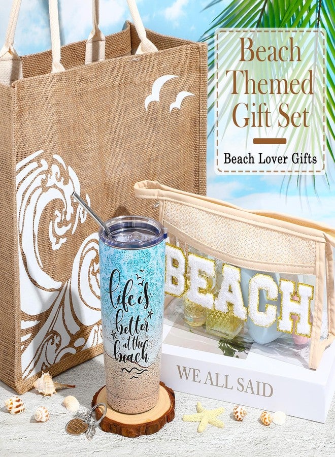 Yiyiring 4 Pcs Summer Beach Gift Set Beach Lover Gifts Beach Burlap Tote Bag Beach Cosmetic Bag 20 oz Beach Tumbler Beach Keychain Summer Party Holiday Vacation Wedding Beach Travel for Women Girls - Image 5